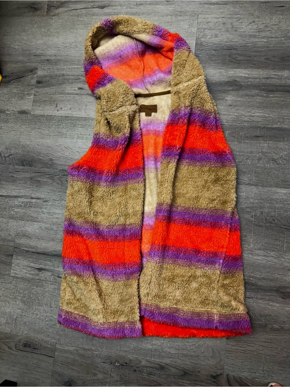 Koolaburra Hooded Sherpa Vest in Tan, Orange & Purple